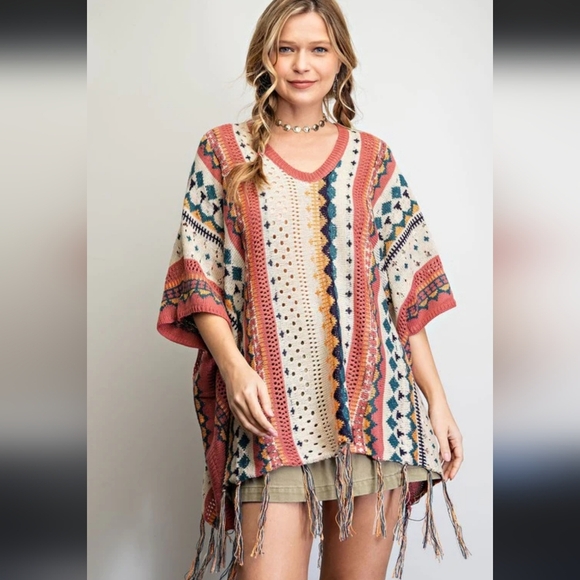 Easel Boho Fringe Poncho Sweater size medium dusty rose v neckline easel - Picture 2 of 5